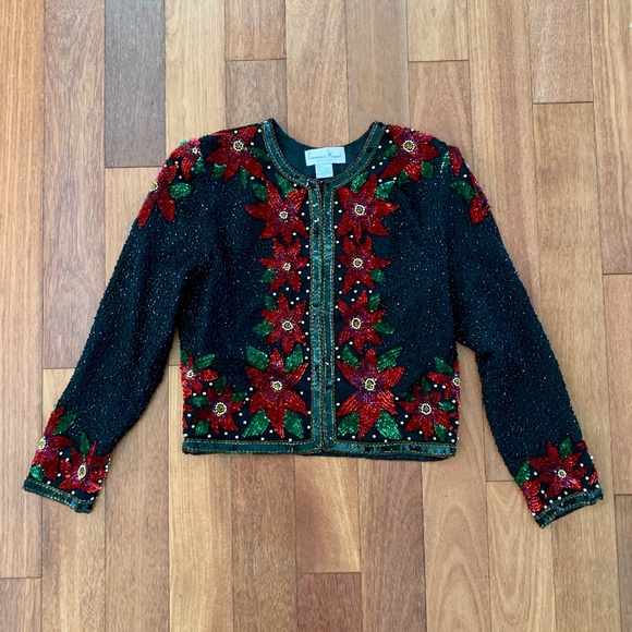 Laurence Kazar Beaded Sequin Silk Holiday Christmas Jacket - Picture 2 of 4